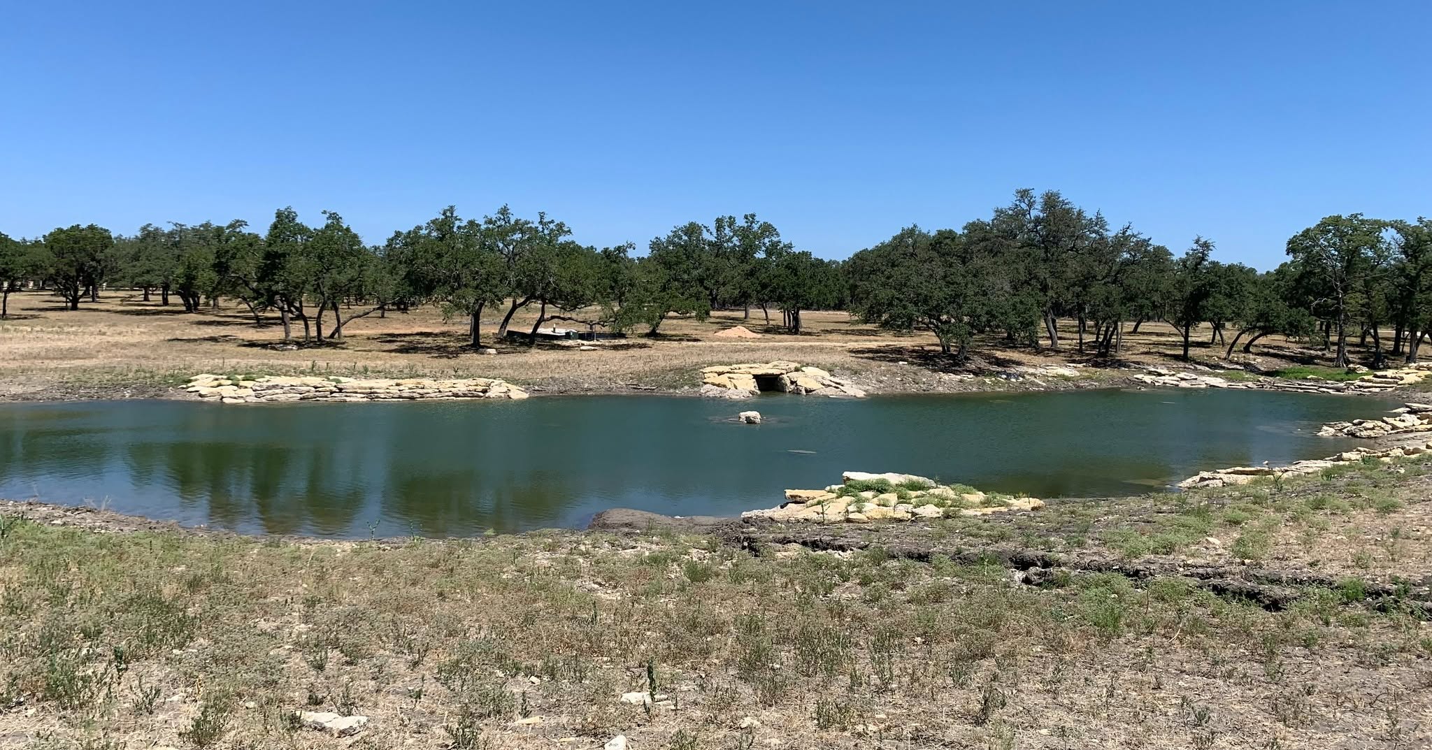 Ranch pond with stone-lined edges, open pasture and live oaks